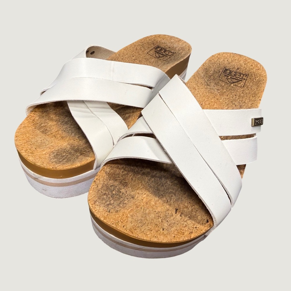 Reef Cushion Bloom Hi White Platform Sandals Vegan Leather Cork Slide Womens 8